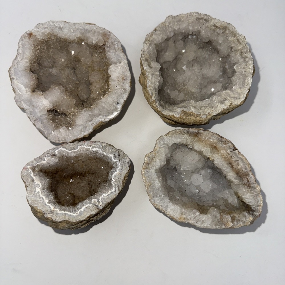 Set Of 4 Halves White Geode Quartz Crystal Mineral
